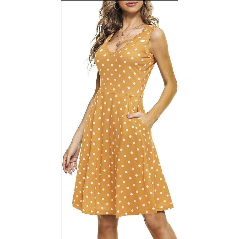 Huhot Mustard Gold Polka Dot Skater Dress Pockets! WOMEN'S XL